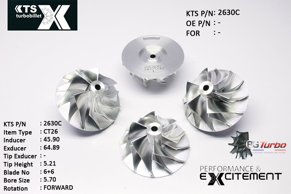 Turbo ROUE FORGÉE MFS PERFORMANCE - 6+6 PALES - INDUCER : 45,9 - EXDUCER : 64,89 - TYPE : CT26ANGLE : 60° - ROTATION : Forward - SUPER BACK : -1,37 - BORE SIZE : 5,7
